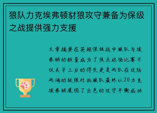 狼队力克埃弗顿豺狼攻守兼备为保级之战提供强力支援