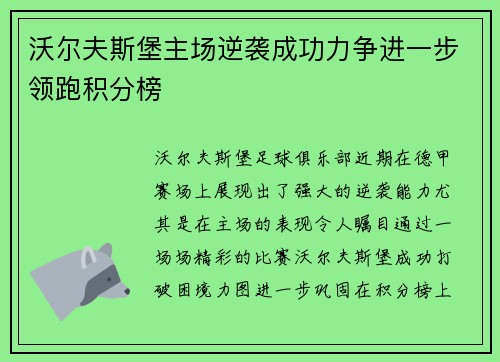 沃尔夫斯堡主场逆袭成功力争进一步领跑积分榜